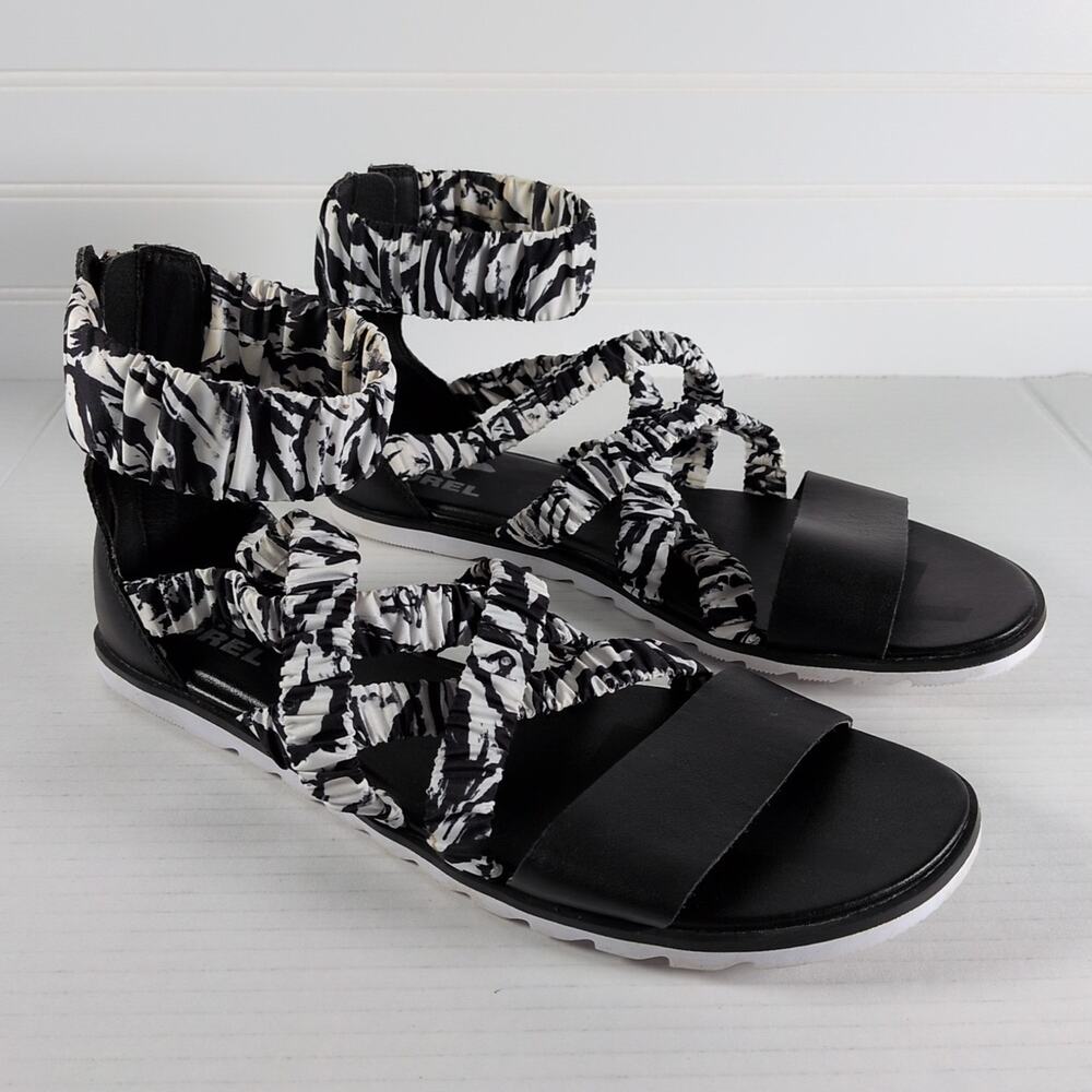 Sorel Ella II Gladiator Sandals Womens 11 Black White Abstract Print Zipper Boho